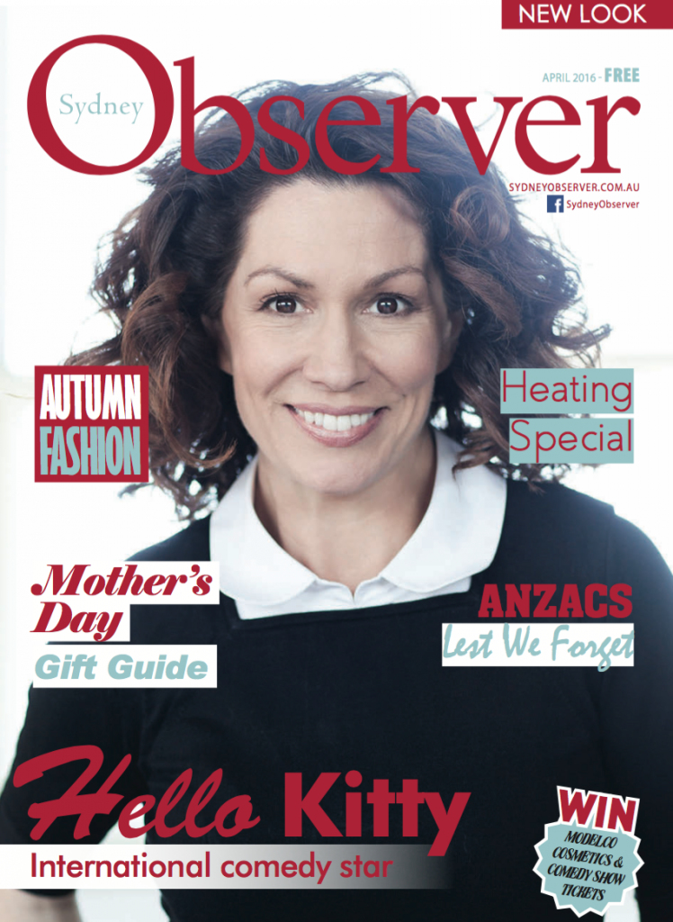 Sydney Observer April 2016 cover with the comedy star Hello Kitty smiling, using a short brown hair.