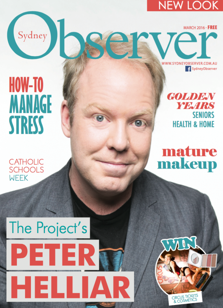 Sydney Observer March 2016 issue cover with The Project presenter,Peter Helliar smiling