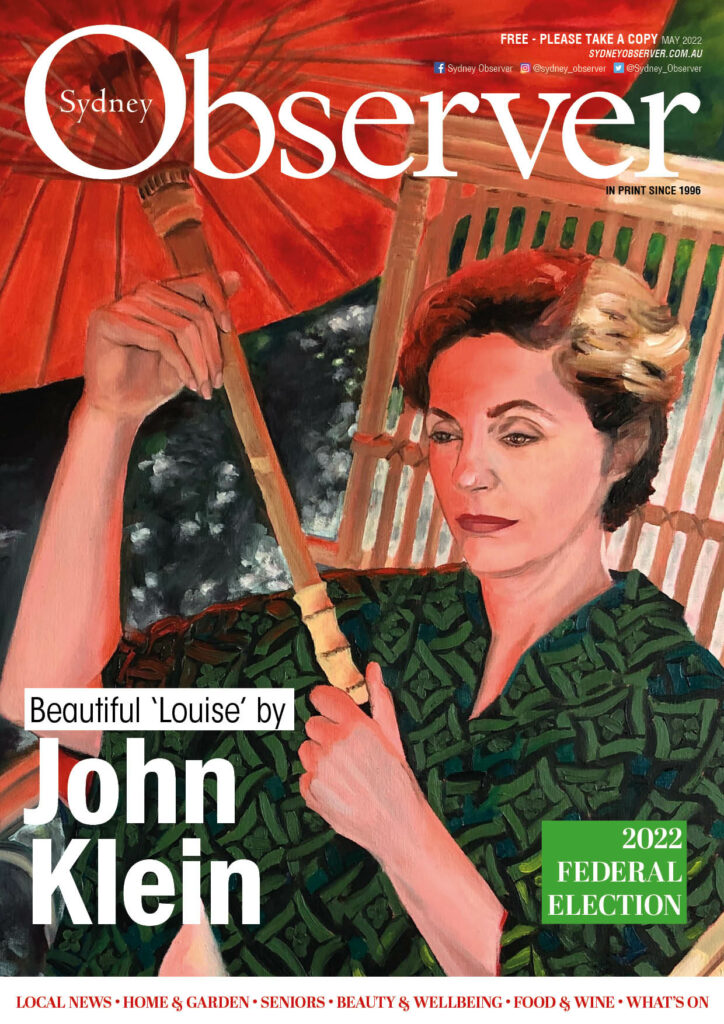 Sydney Observer May 2022 issue. A paint called Louise, of a woman sitting in a chair holding an umbrella